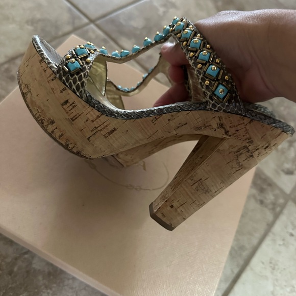 Prada Platform Slides 6 1/2  Heels Bronze Metallic Cork Turquoise Stud - Picture 5 of 7